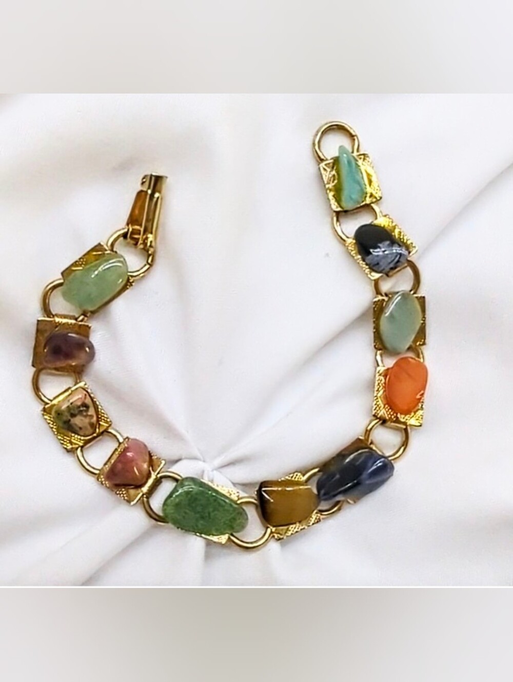 Vintage 70s Multi Gemstone Tumbled Nugget Link Bracelet Gold Tone